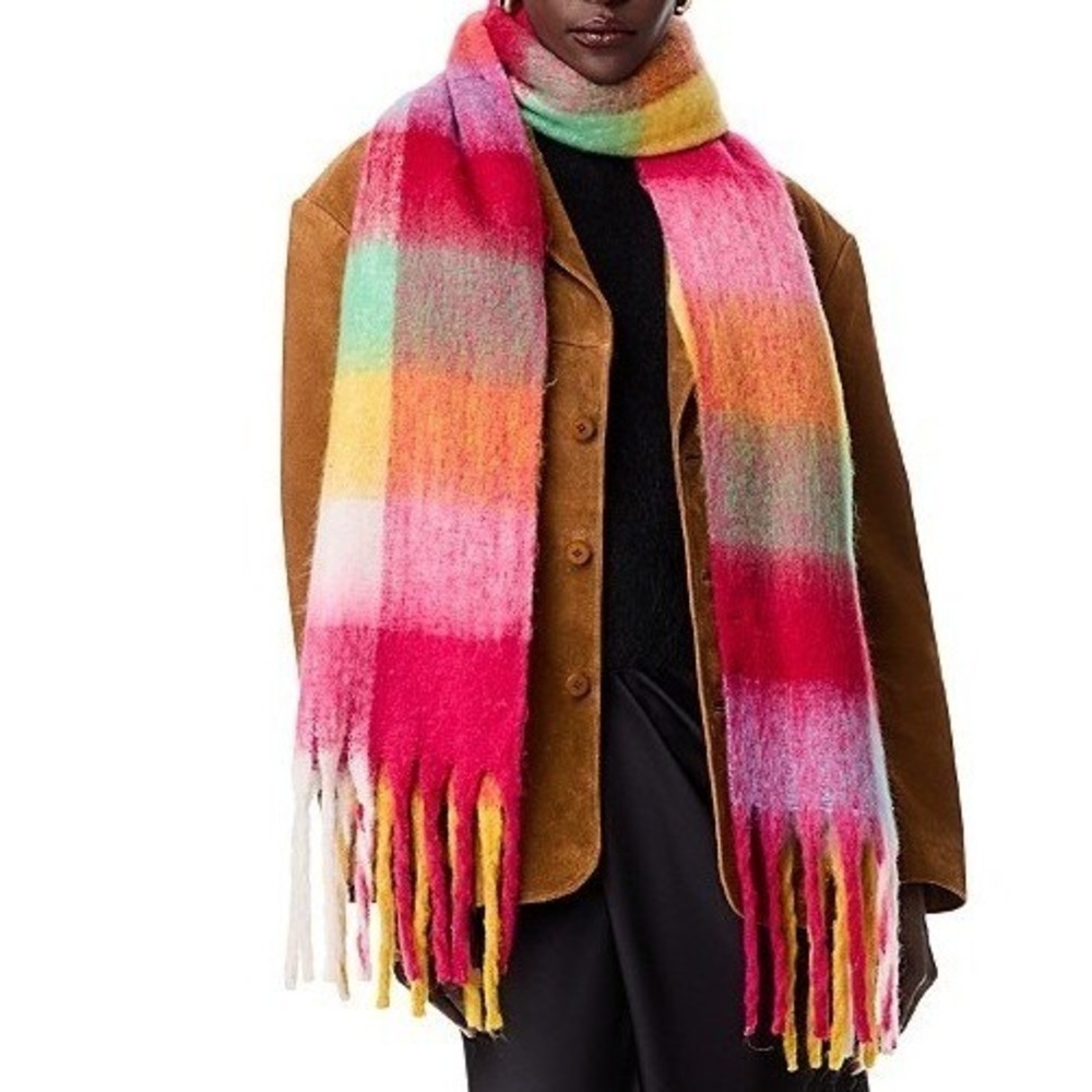 Aqua Women Lulla Color Block Plaid Scarf OS Fringe Pastel Multi Color Wrap NWT